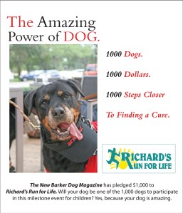 The New Barker Dog Magazine has pledged $1,000 to the 2013 Richard's Run for Life 5k Run. Will your dog be one of the 1,000 to participate in this milestone event for children? Why, yes…because your dog is amazing. $1 dollar. 1,000 dogs. 1,000 steps closer to the cure.